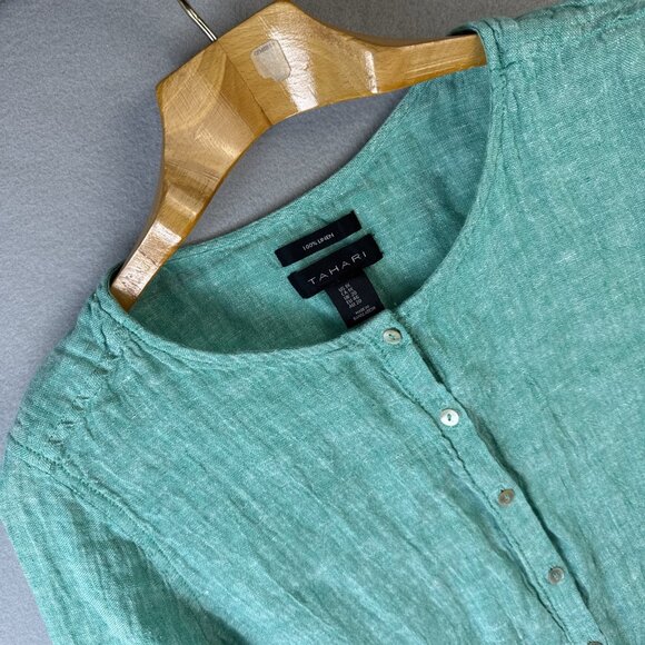 Tahari 100% Linen Button Shirt Womens 1X Lagenlook Pastel Yacht Roll Tab Sleeves - Picture 1 of 11